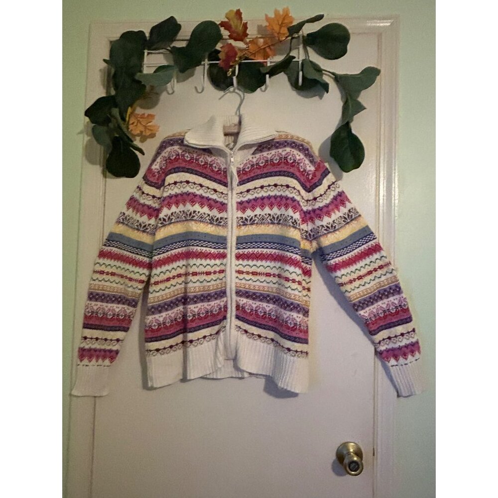 Vintage Carly St. Claire Size XL Cream + Multicolor Fair Isle Zip Front Cardigan